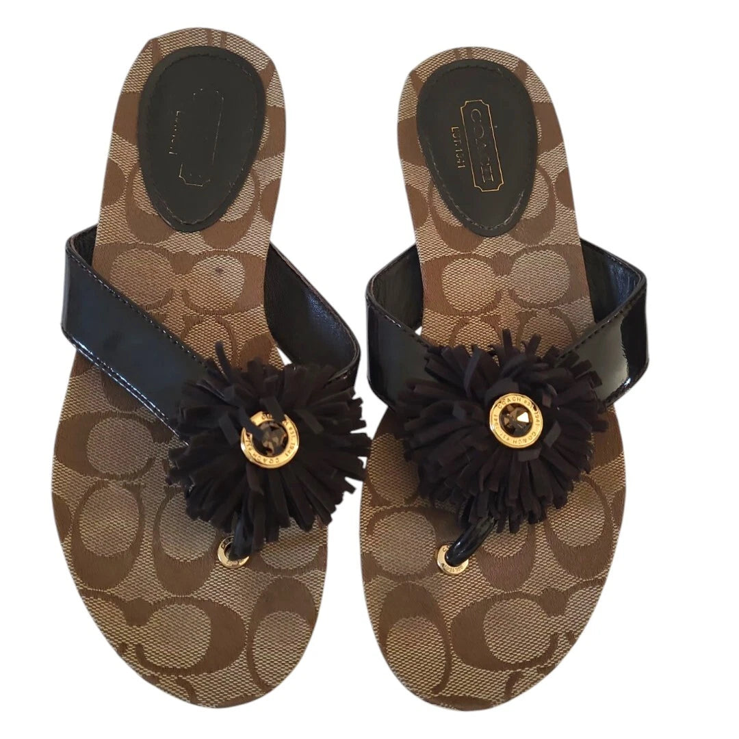 Coach Suki Fringe SZ 6B Sandals Flower Signature Thong Flip Flop Brown Y2K Style