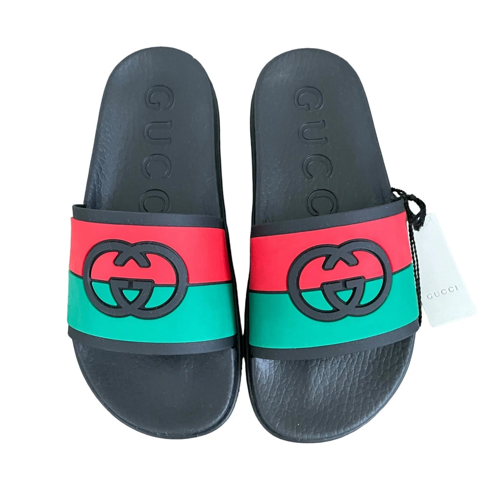 Authentic GUCCI Women's Interlocking G Slide Sandal Black Red Green Size 37 NEW