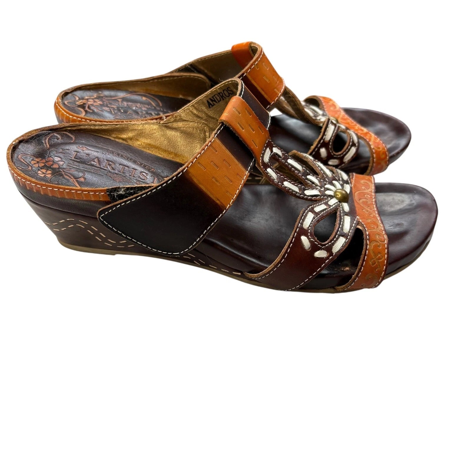 L'Artiste Women's Spring Step Leather Wedge Sandals Floral Accent Slides 38