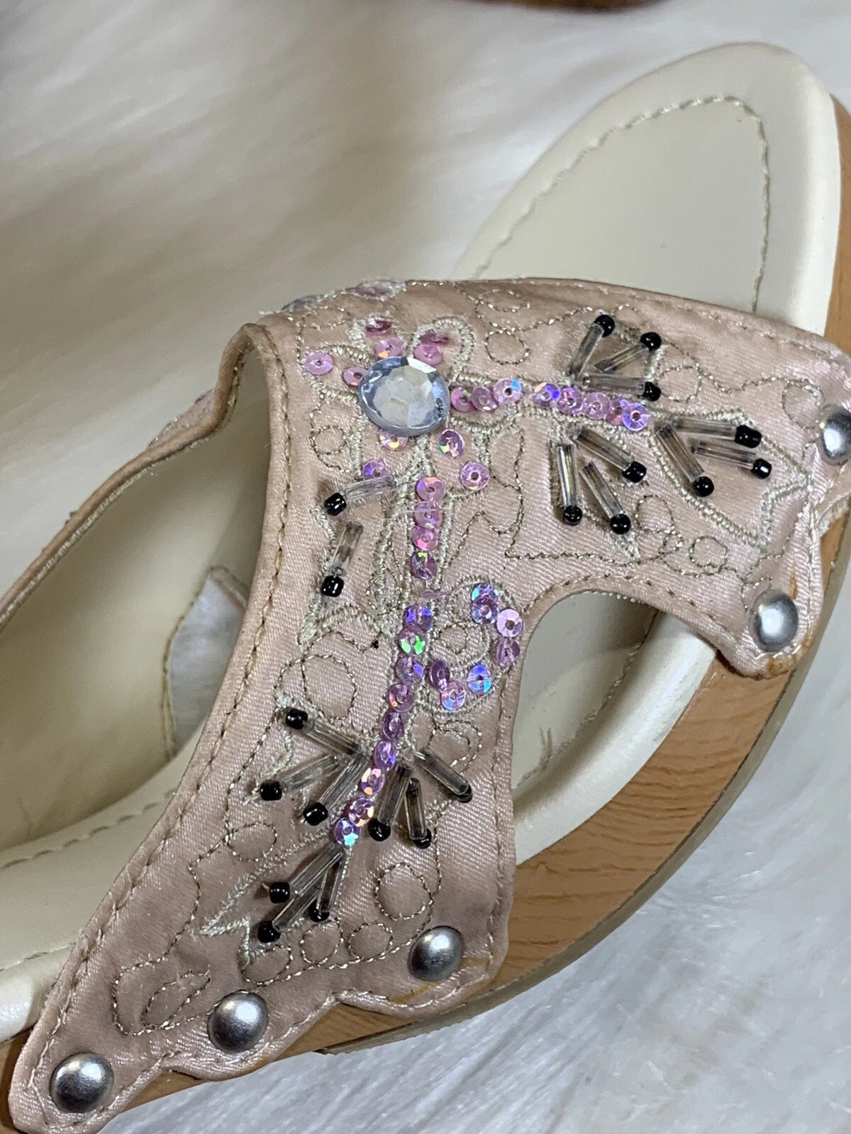 Paris Blues Slides Sandals Champagne Beaded Wm’s Size 10 Adalia-21 #754300