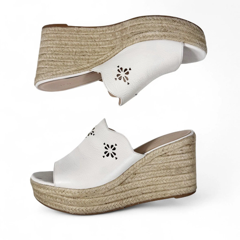 Kate Spade White Leather Espadrille Wedge Sandals 8.5 Floral Cut Out Designer