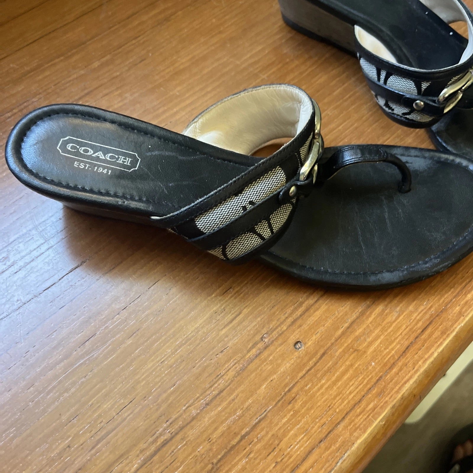 COACH Black Monogram Logo Virginia Signature Thong Slide Wedge Sandal Heels