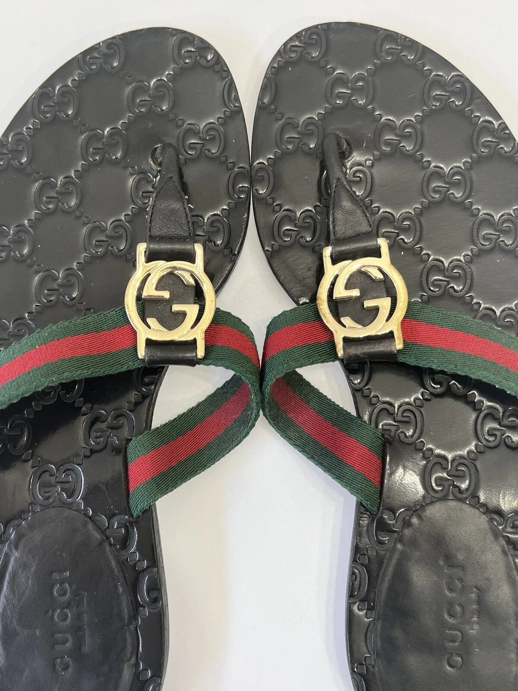 Gucci GG Web Stripe Thong Sandals EU 36 US 6 Black Flat Flip Flop Slide Slipper