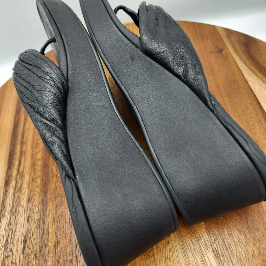 Vionic Arabella Thong Wedge Sandals 11 Black Leather Flip Flop Platform Support