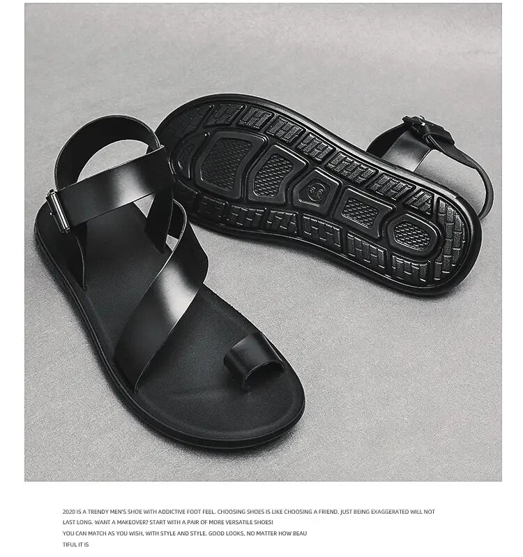 38-45 Mens Sandals Roman Style Ring Toe Slingback PU Leather Summer Casual Flats