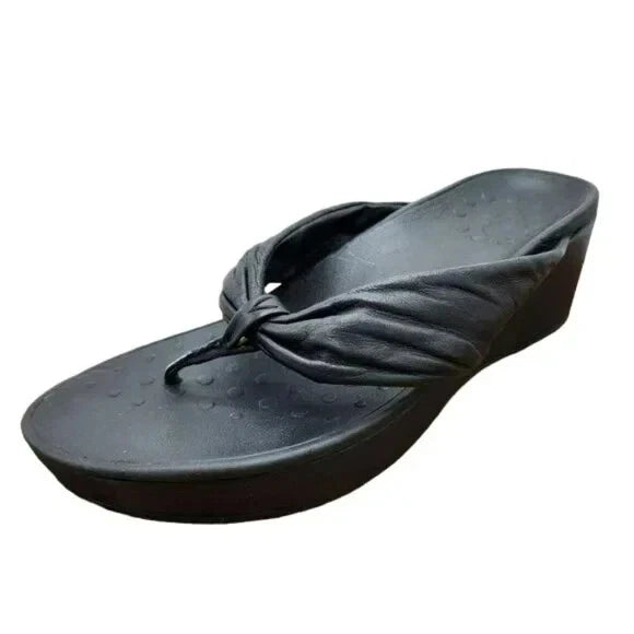 Vionic Arabella Thong Wedge Sandals 11 Black Leather Flip Flop Platform Support
