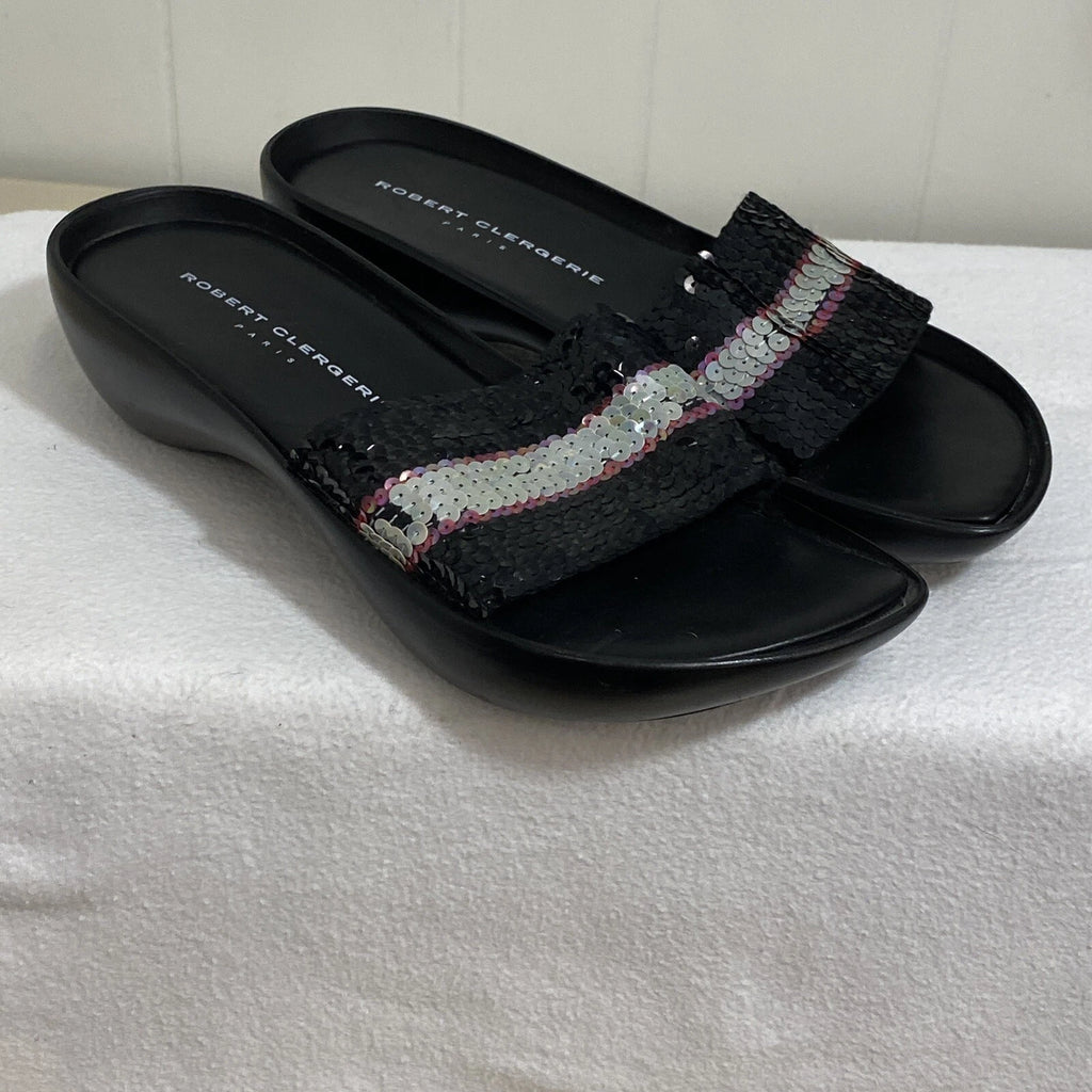 Robert Clergerie Paris Sandals Women's 7 Black Leather Multi Sequin Platform