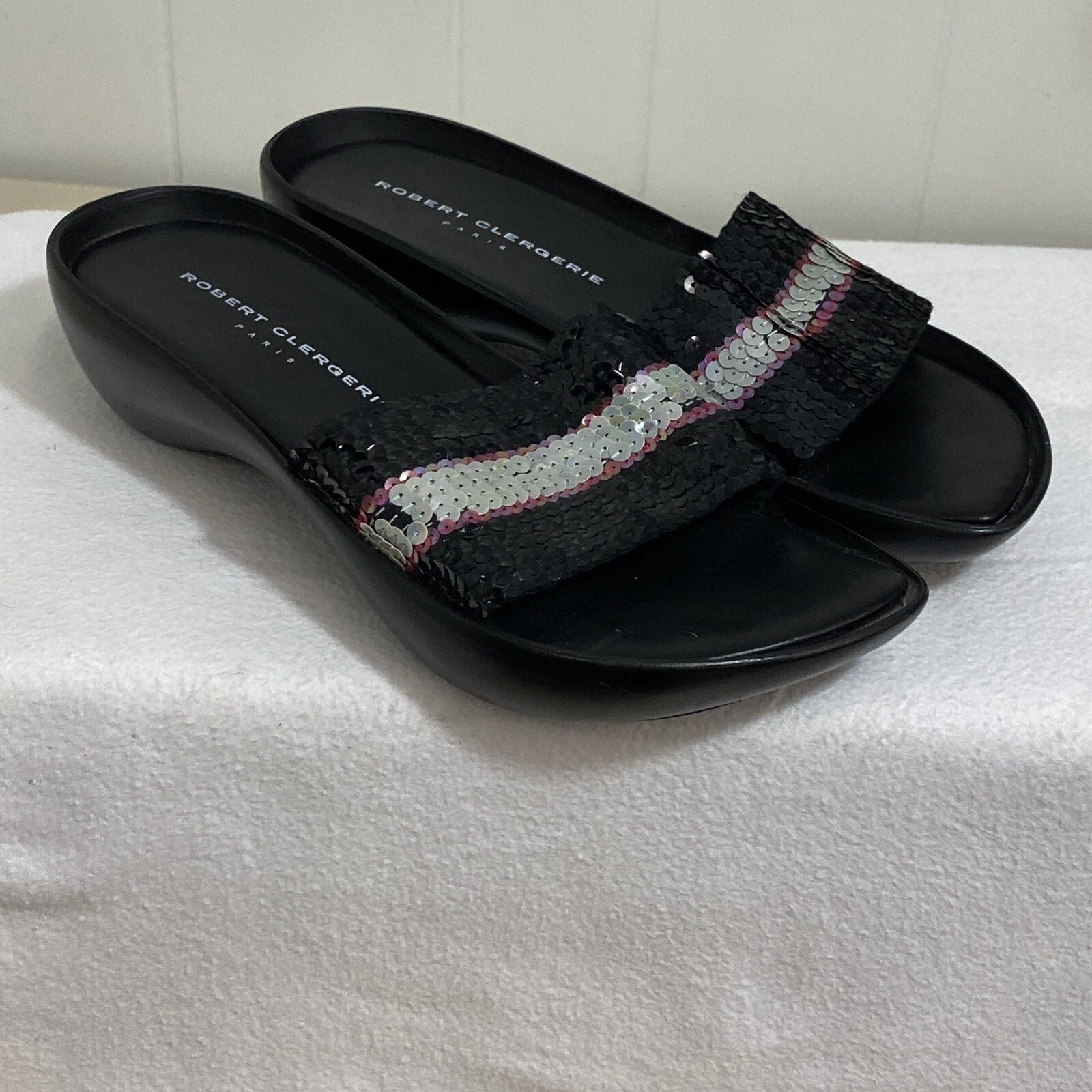 Robert Clergerie Paris Sandals Women's 7 Black Leather Multi Sequin Platform