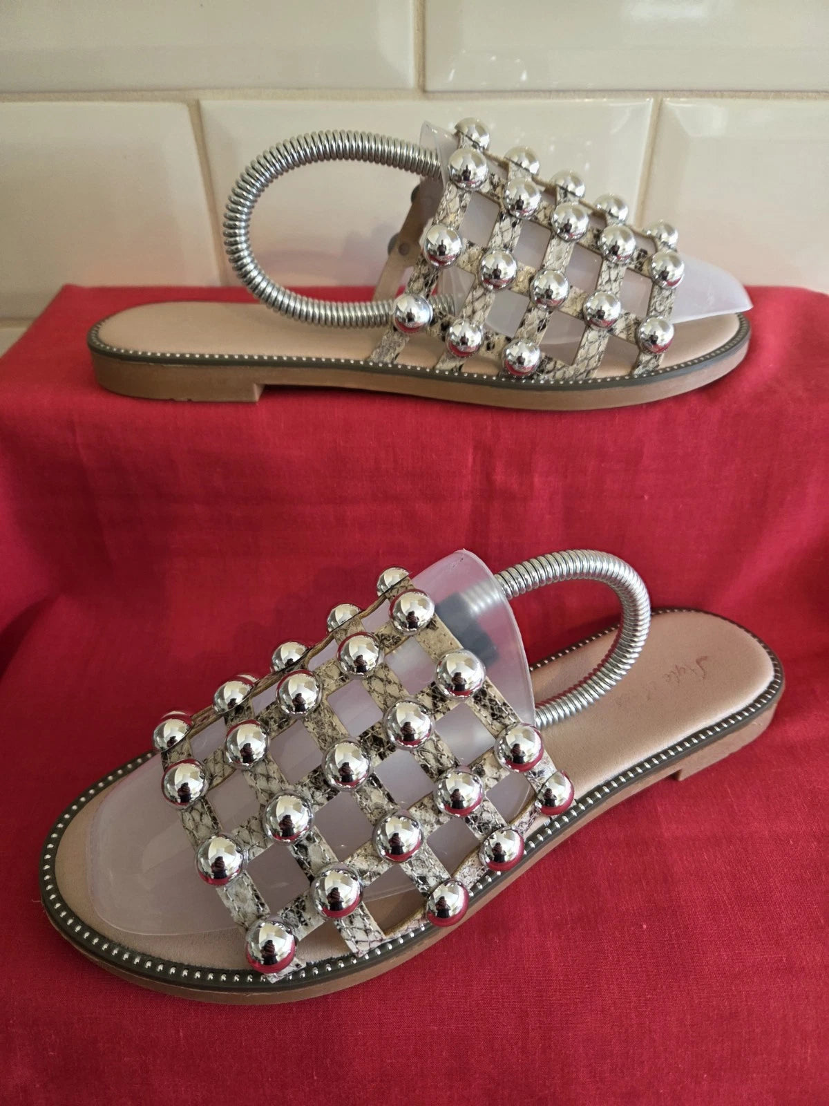 Women's Natural Snake Effect Slides Flip Flops With Chrome Studding Size 6