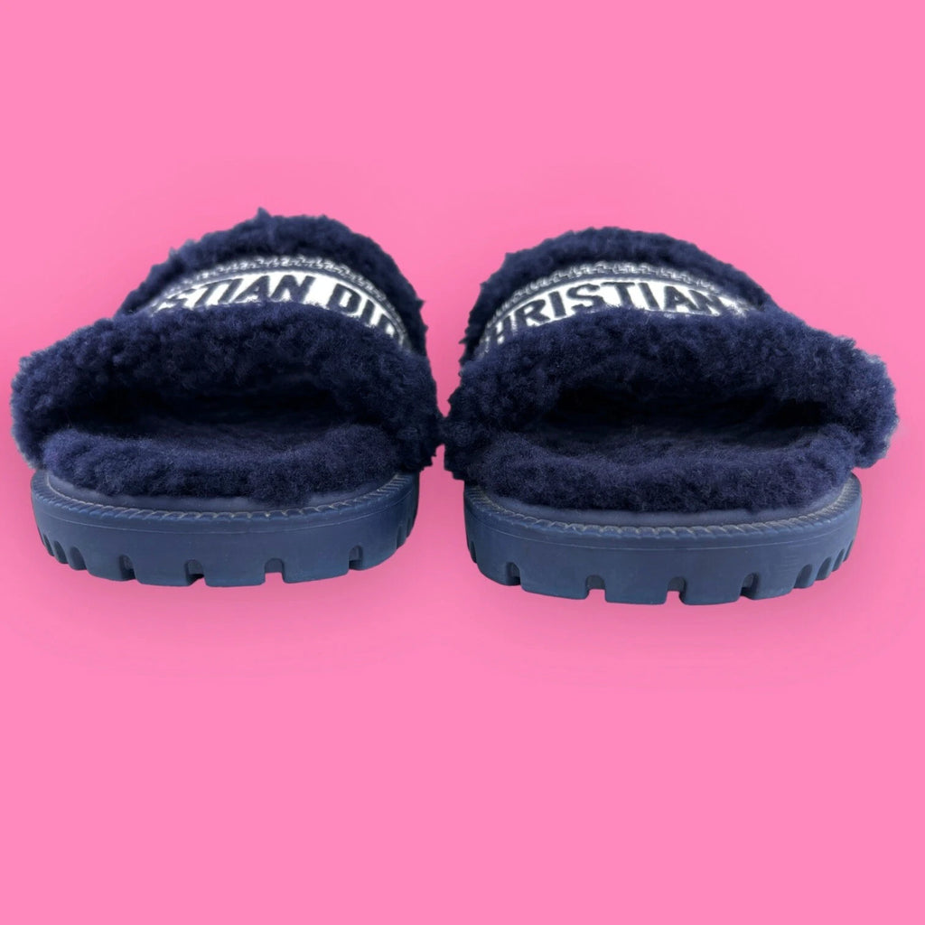 AUTHENTIC Christian Dior Dway Shearling Fur Deep Blue Slides Sandals - Size 36