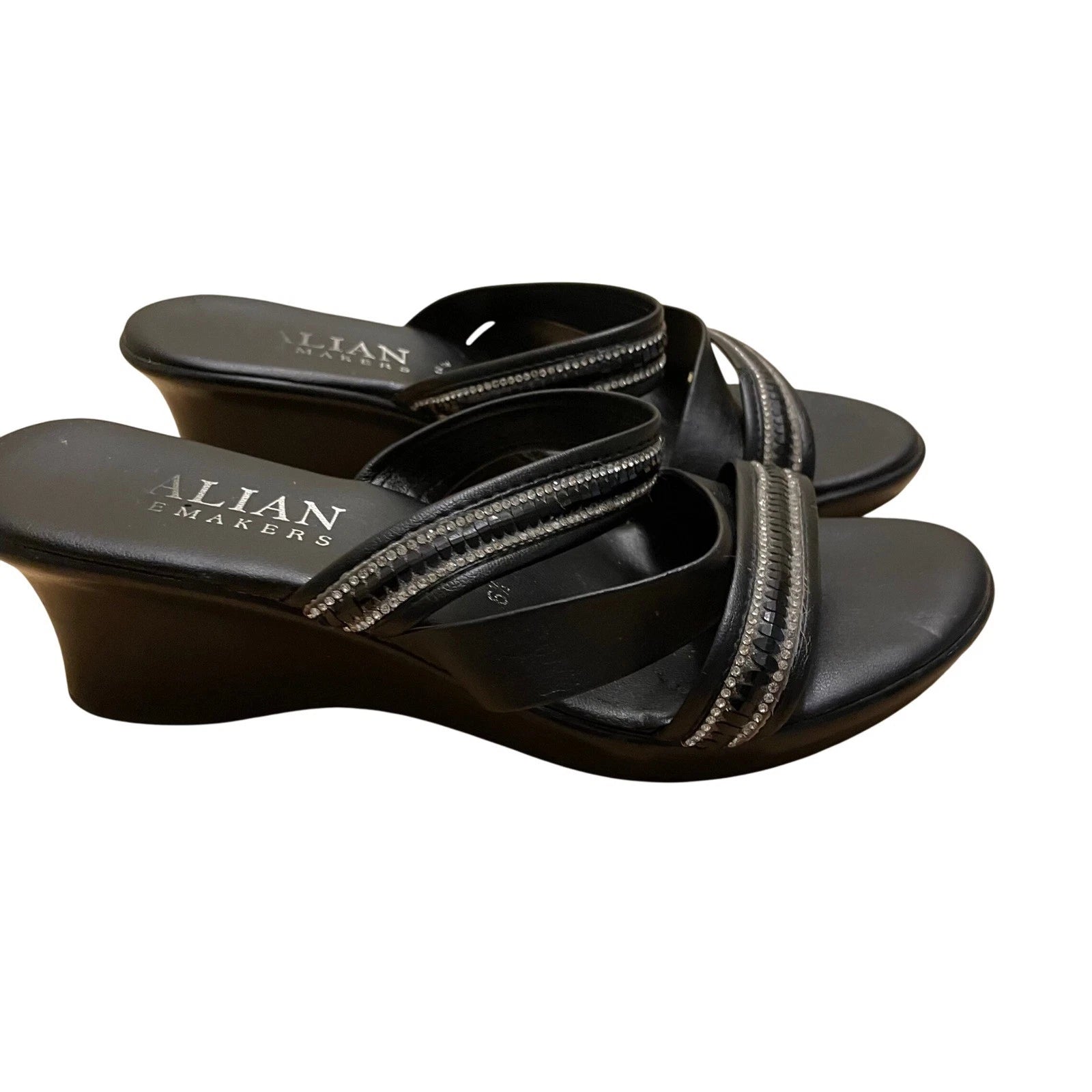 Italian Makers Black Rhinestone Wedge Sandals Slides Made in Italy 6.5
