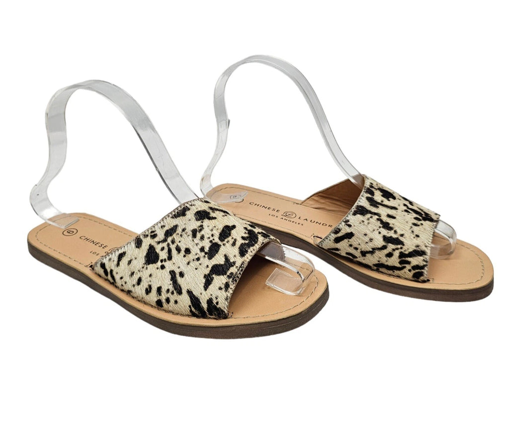 Chinese Laundry Moonshine Slide Sandals 6 Leather Cow Print Calf Hair Flat Comfy