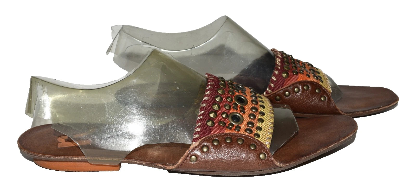 Report Zerav Brown Leather Cone and Flat Studded Womens Slide Sandals Size 9M