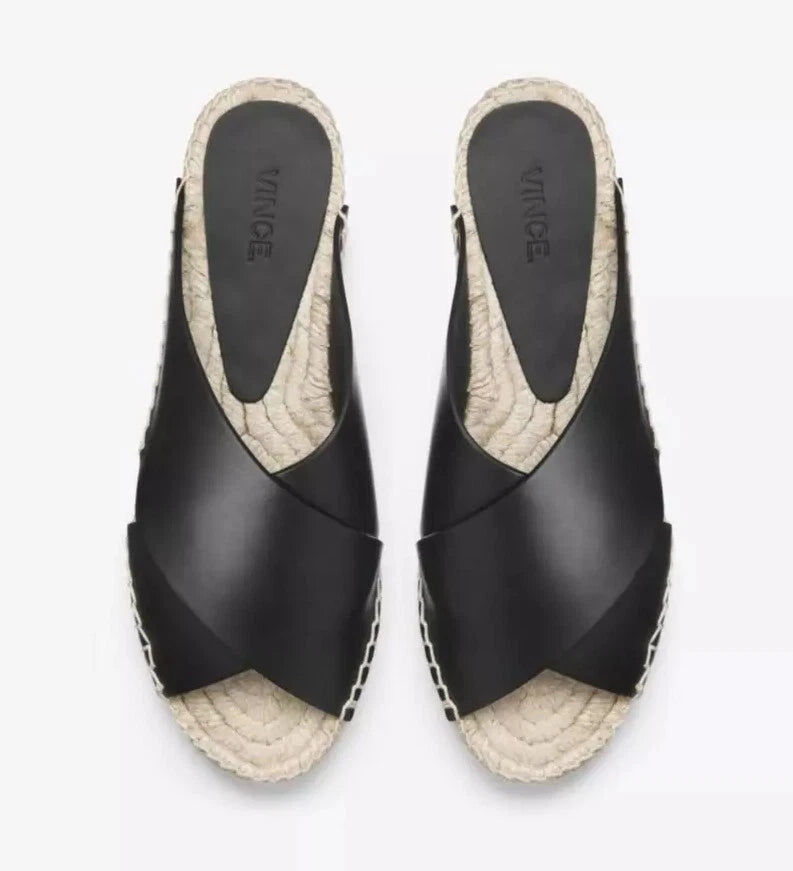 NIB Vince Castel Leather Crisscross Flat Espadrille Slide Sandal Black Sz 5 $225
