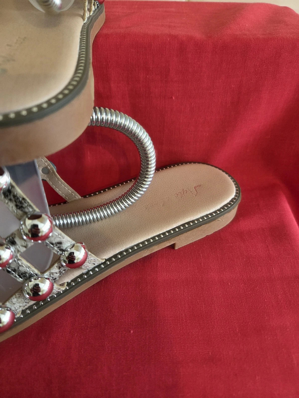 Women's Natural Snake Effect Slides Flip Flops With Chrome Studding Size 6