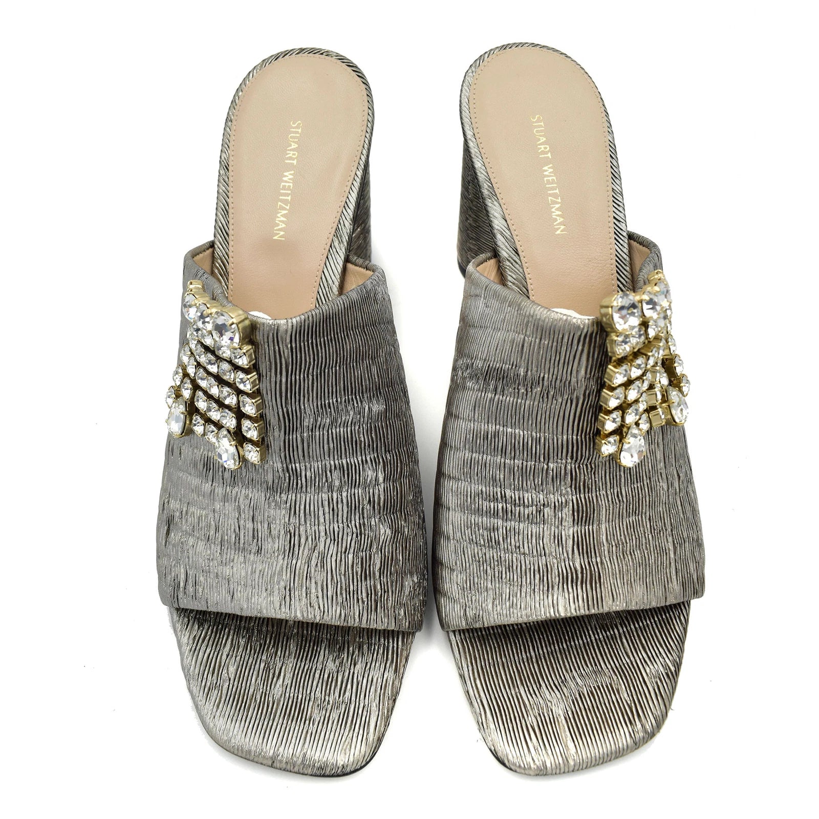 New STUART WEITZMAN Theone Silver Metallic Crystal Jeweled Slide Sandals sz 10