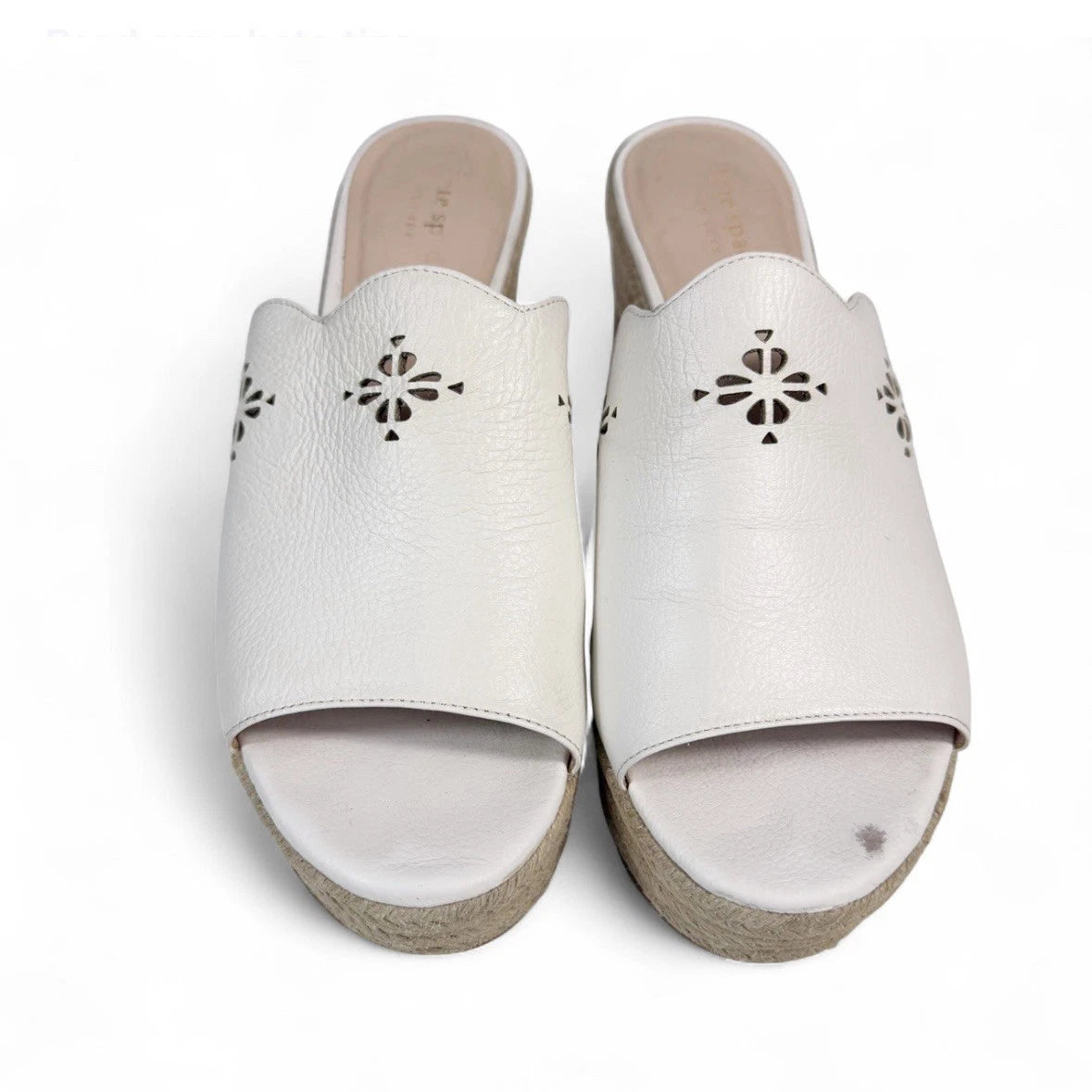 Kate Spade White Leather Espadrille Wedge Sandals 8.5 Floral Cut Out Designer