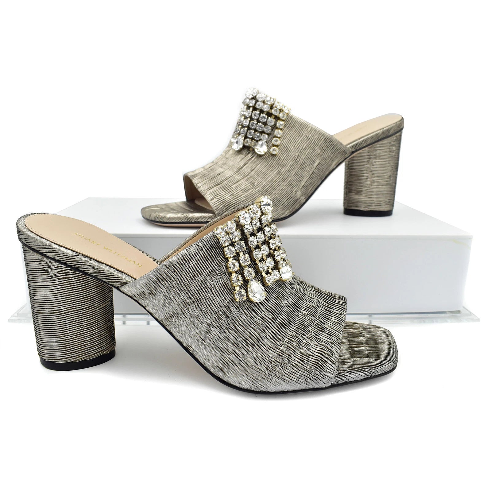 New STUART WEITZMAN Theone Silver Metallic Crystal Jeweled Slide Sandals sz 10