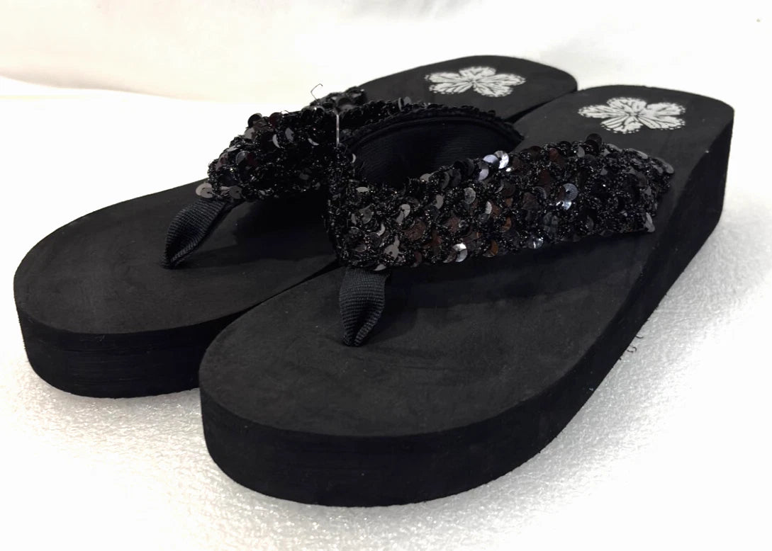 Wedge Sandals Women Flip Flops Rhinestone Sparkle Black Beaded Floral Size 9/10