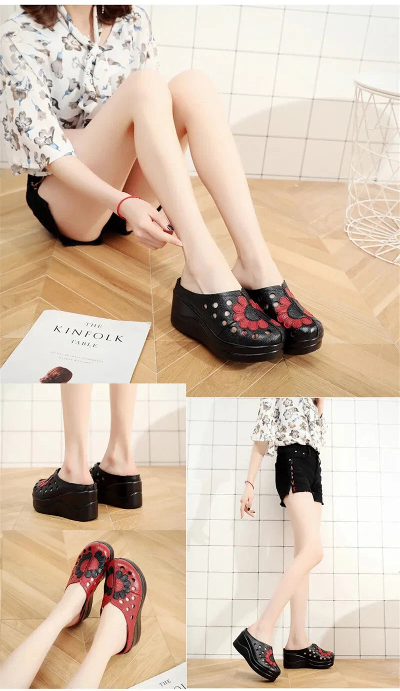 Ethnic Style Leather Women Shoes Sandals Platform wedges Slides Summer Slipper