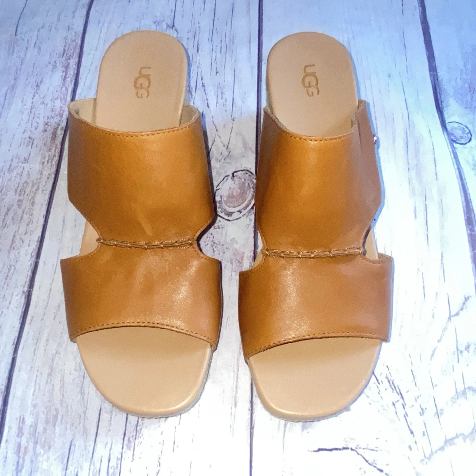 UGG Eirene Wedge Espadrille Slide Sandals Tan Brown Leather Womens 10