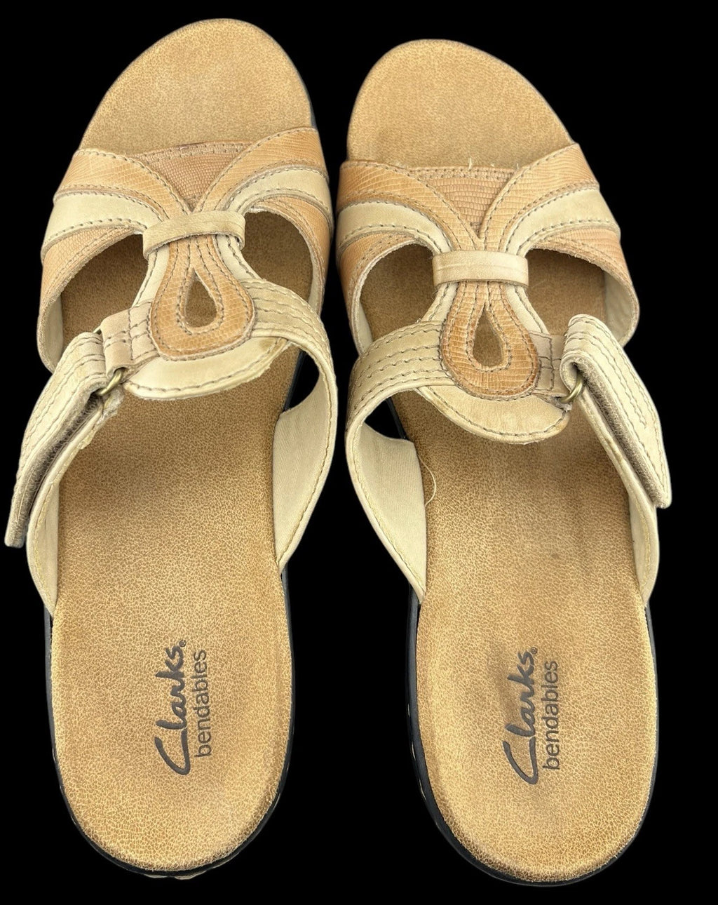 Clarks Bendables Sandals Women's Sz 10m Tan & Cream Leather Open Toe Hook/Loop