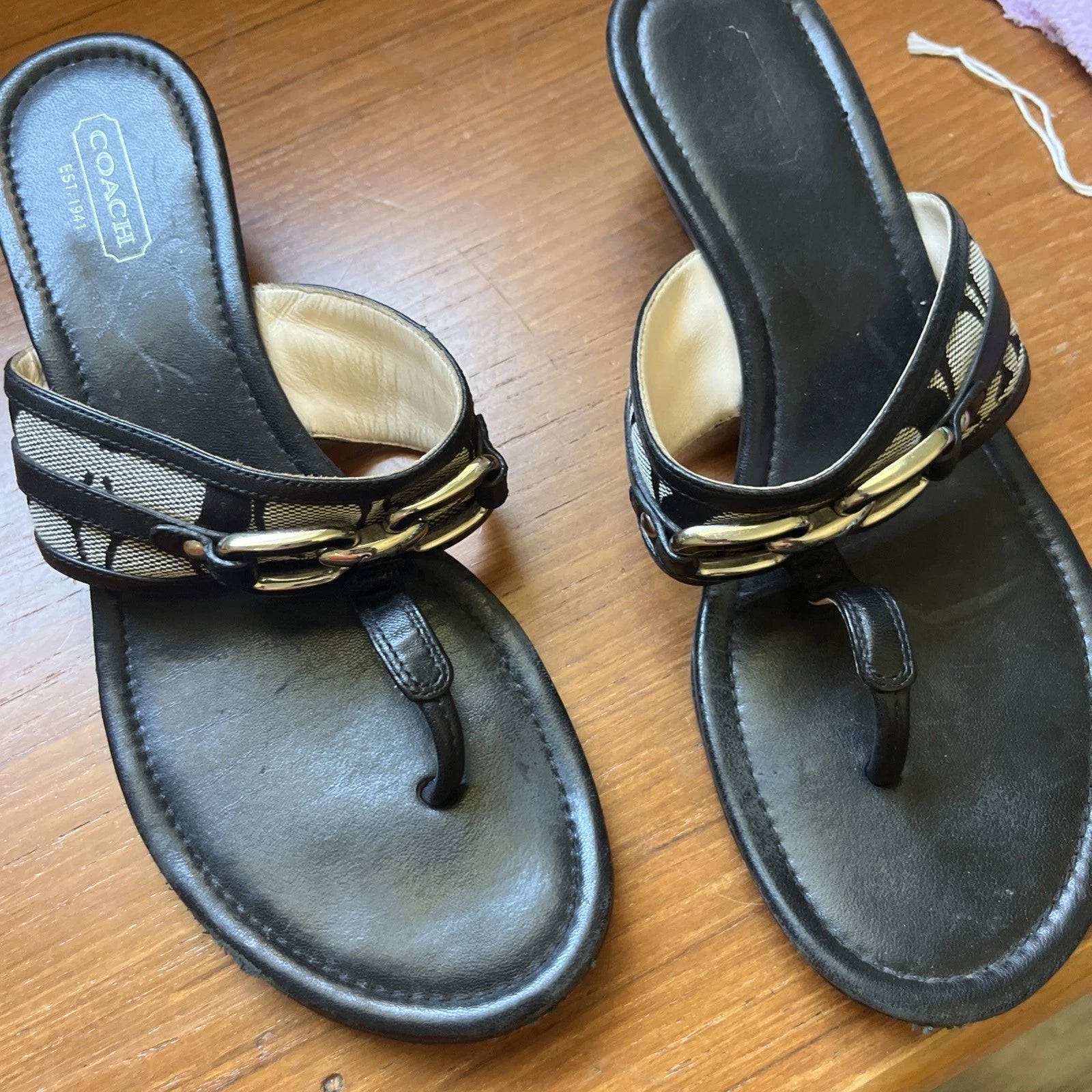 COACH Black Monogram Logo Virginia Signature Thong Slide Wedge Sandal Heels