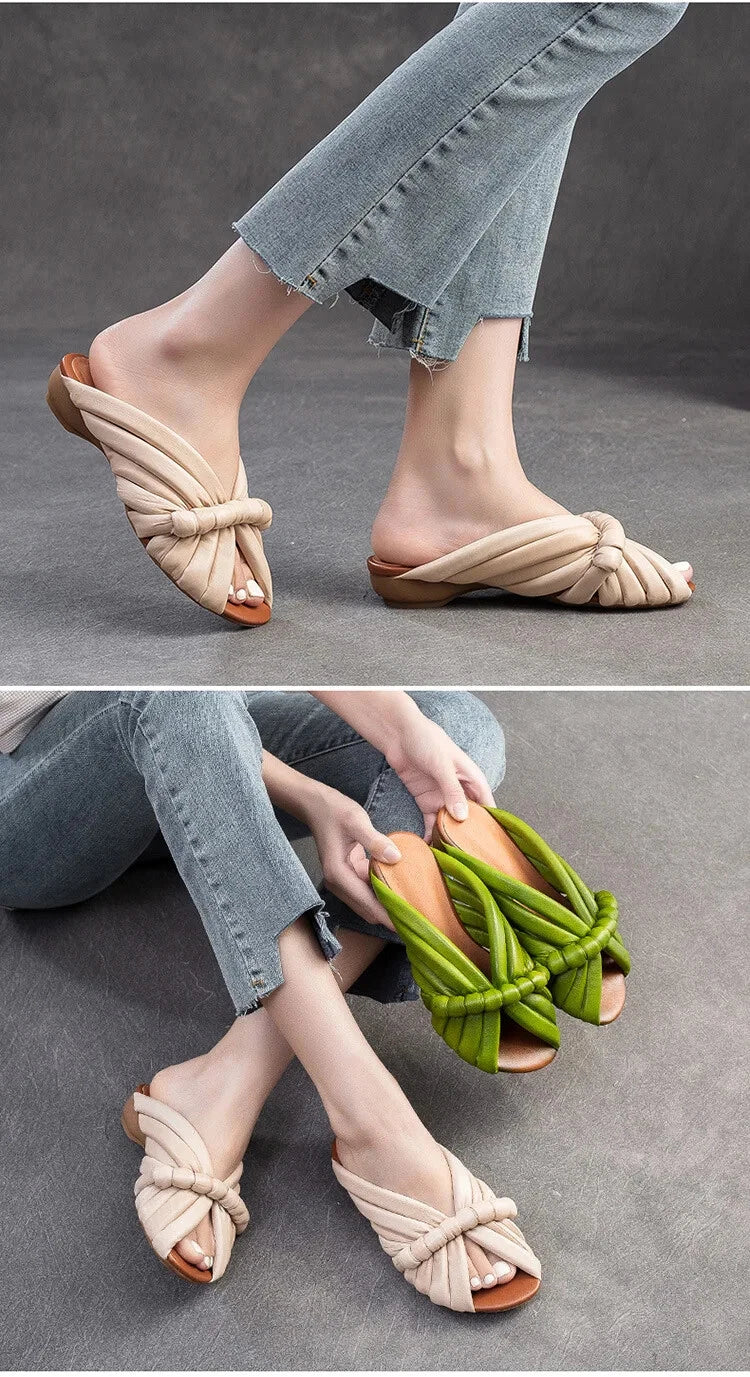 Summer Women Shoes Leather Fashion Low Heel Slippers Peep Toe Outdoor Shoe