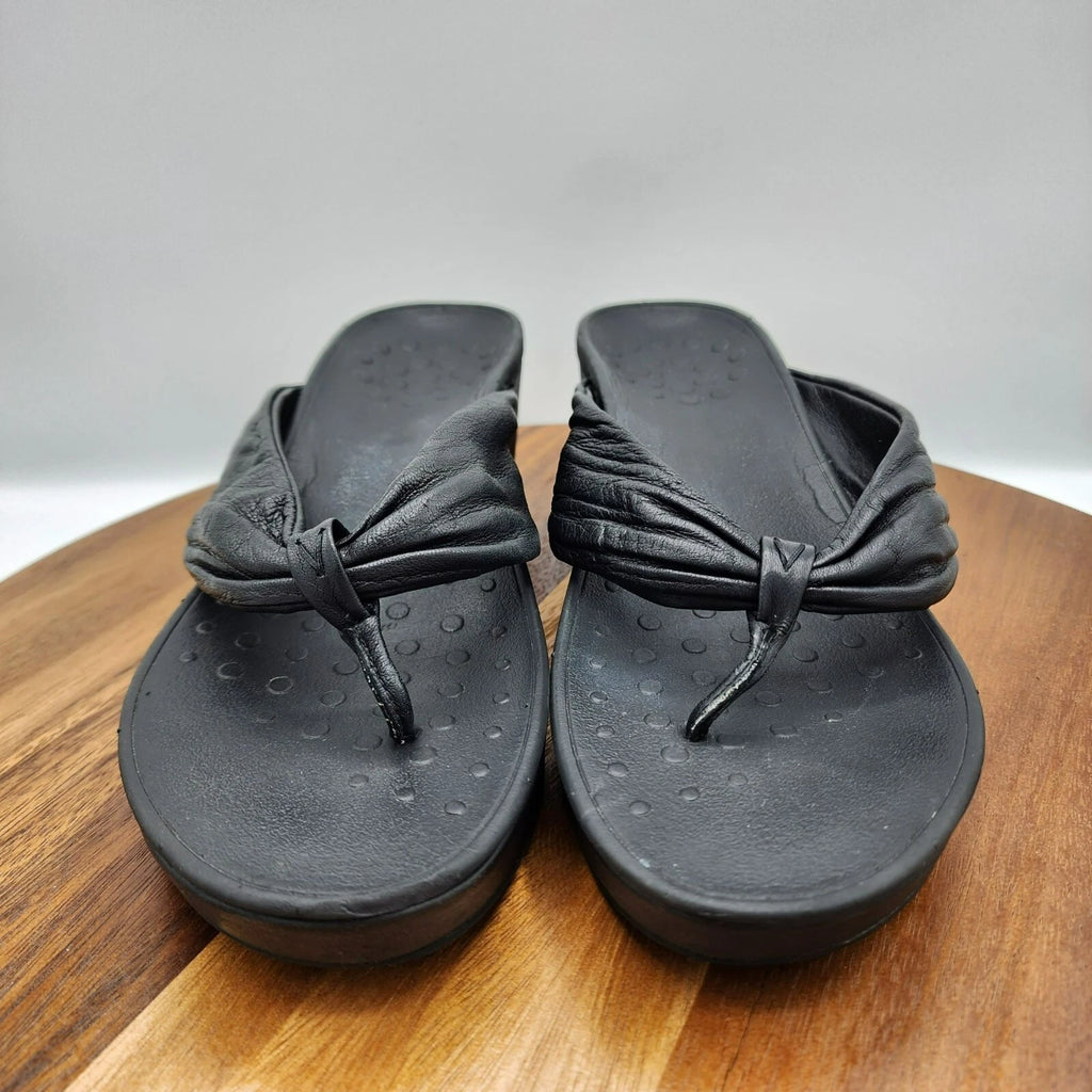 Vionic Arabella Thong Wedge Sandals 11 Black Leather Flip Flop Platform Support