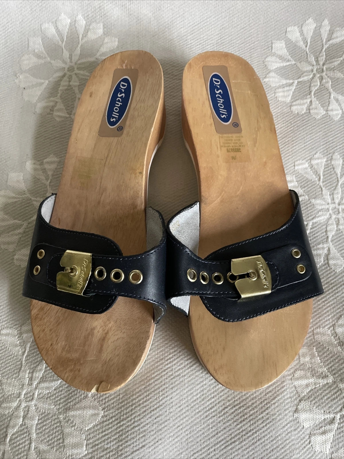 DR SCHOLLS Style Blue Leather? Wooden Sandals Sz 7
