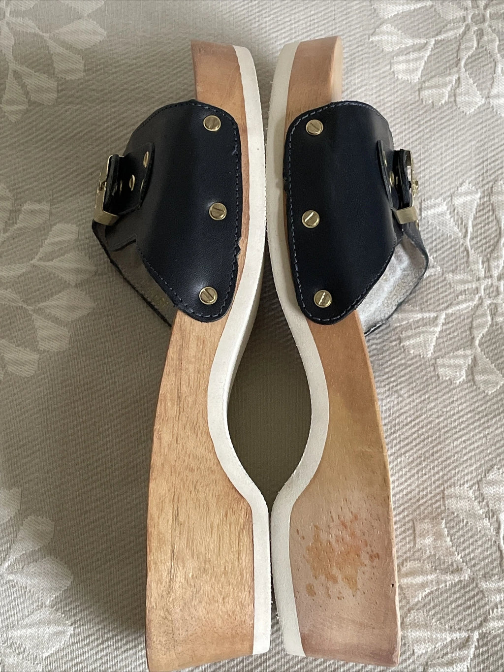 DR SCHOLLS Style Blue Leather? Wooden Sandals Sz 7