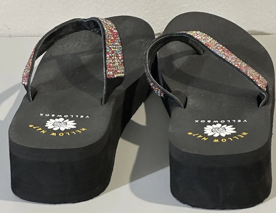 Yellow Box Women Mersaydee Black Flip Flops Thong Rhinestone Wedge Sandals Sz 9