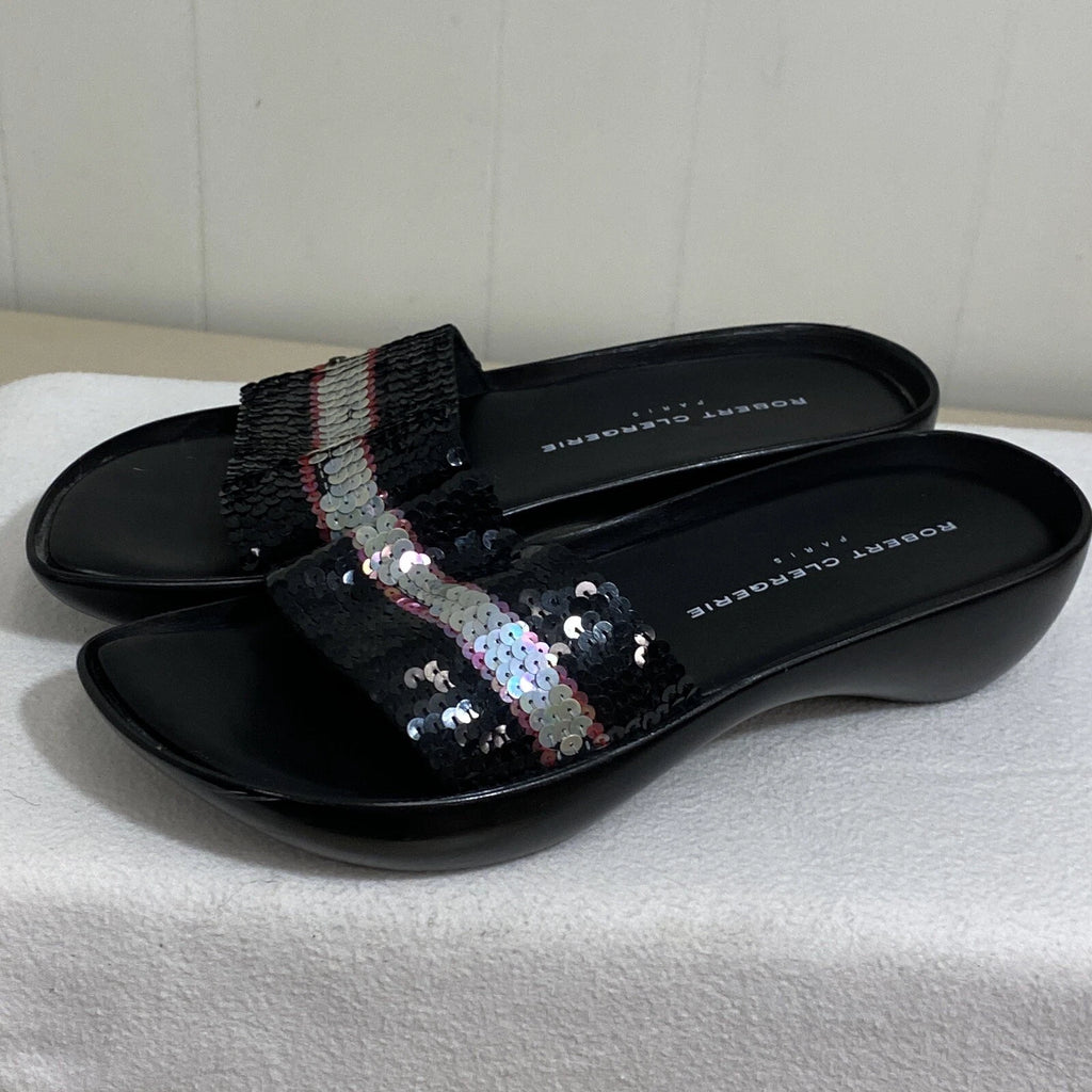 Robert Clergerie Paris Sandals Women's 7 Black Leather Multi Sequin Platform