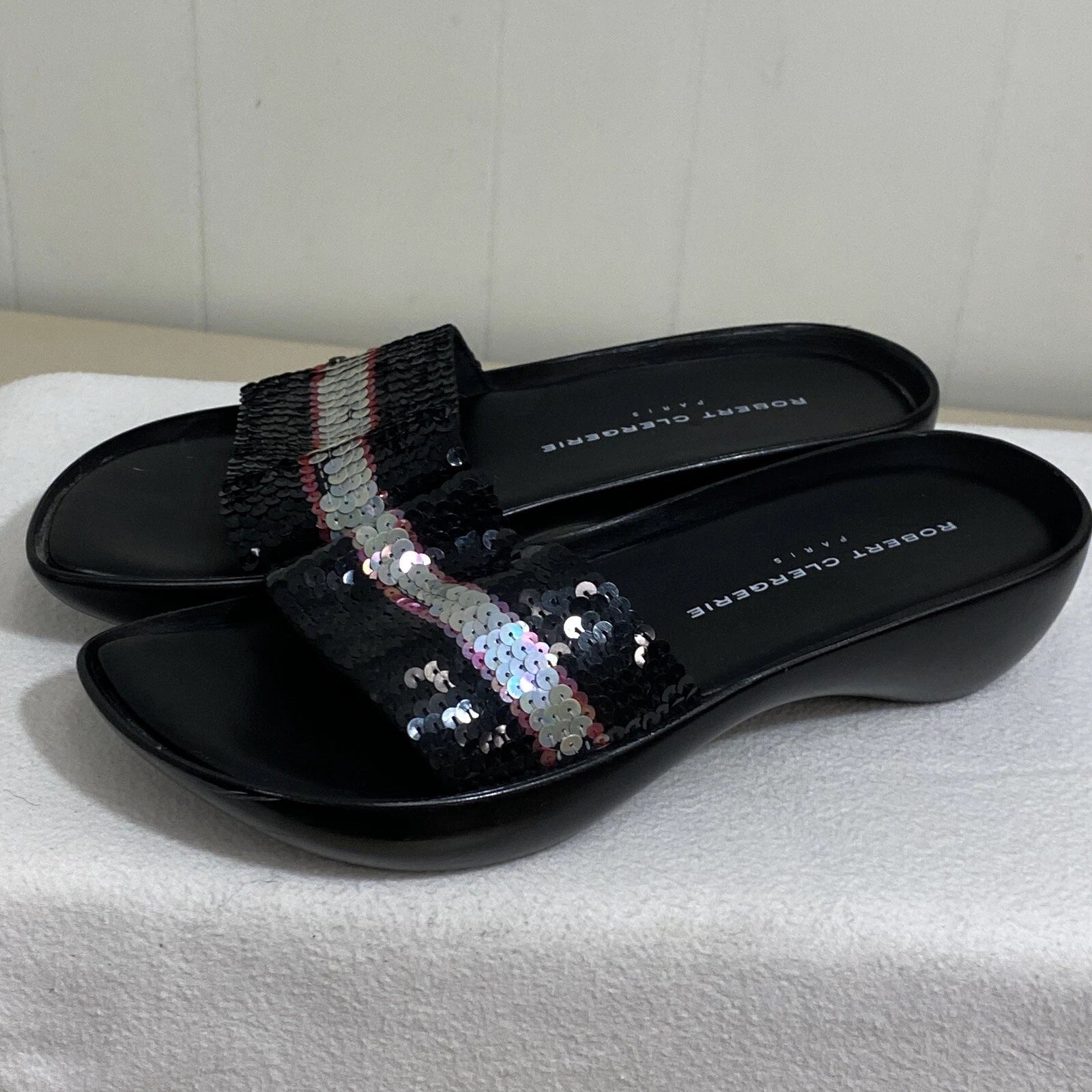 Robert Clergerie Paris Sandals Women's 7 Black Leather Multi Sequin Platform