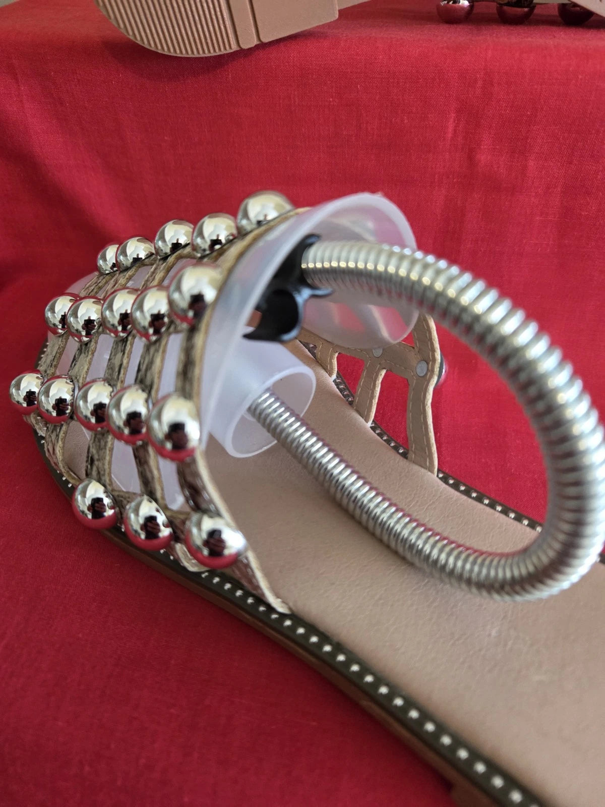 Women's Natural Snake Effect Slides Flip Flops With Chrome Studding Size 6