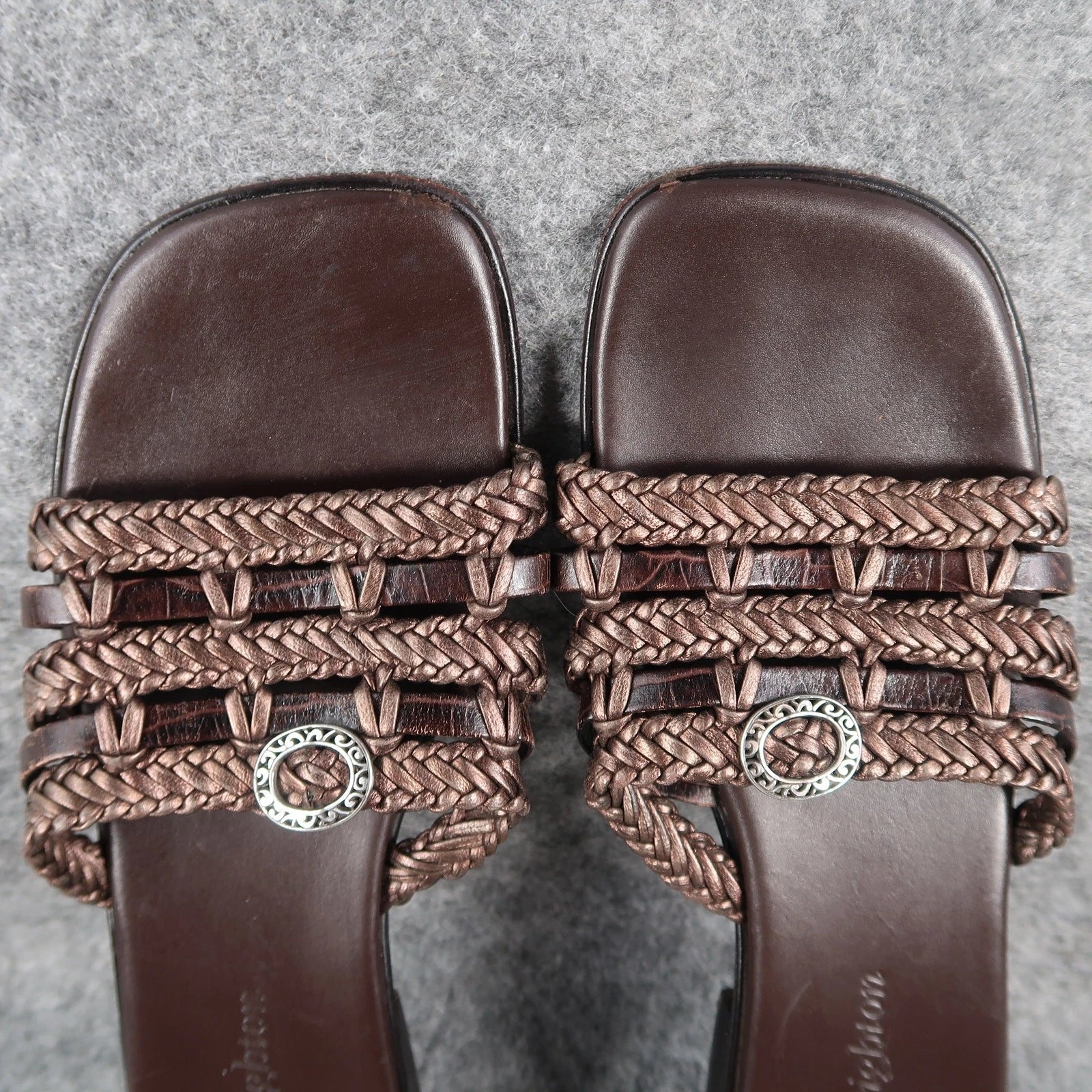 Brighton Shoes Womens 6.5 Sandals Leather Woven Slide Fashion Block Heel Brown