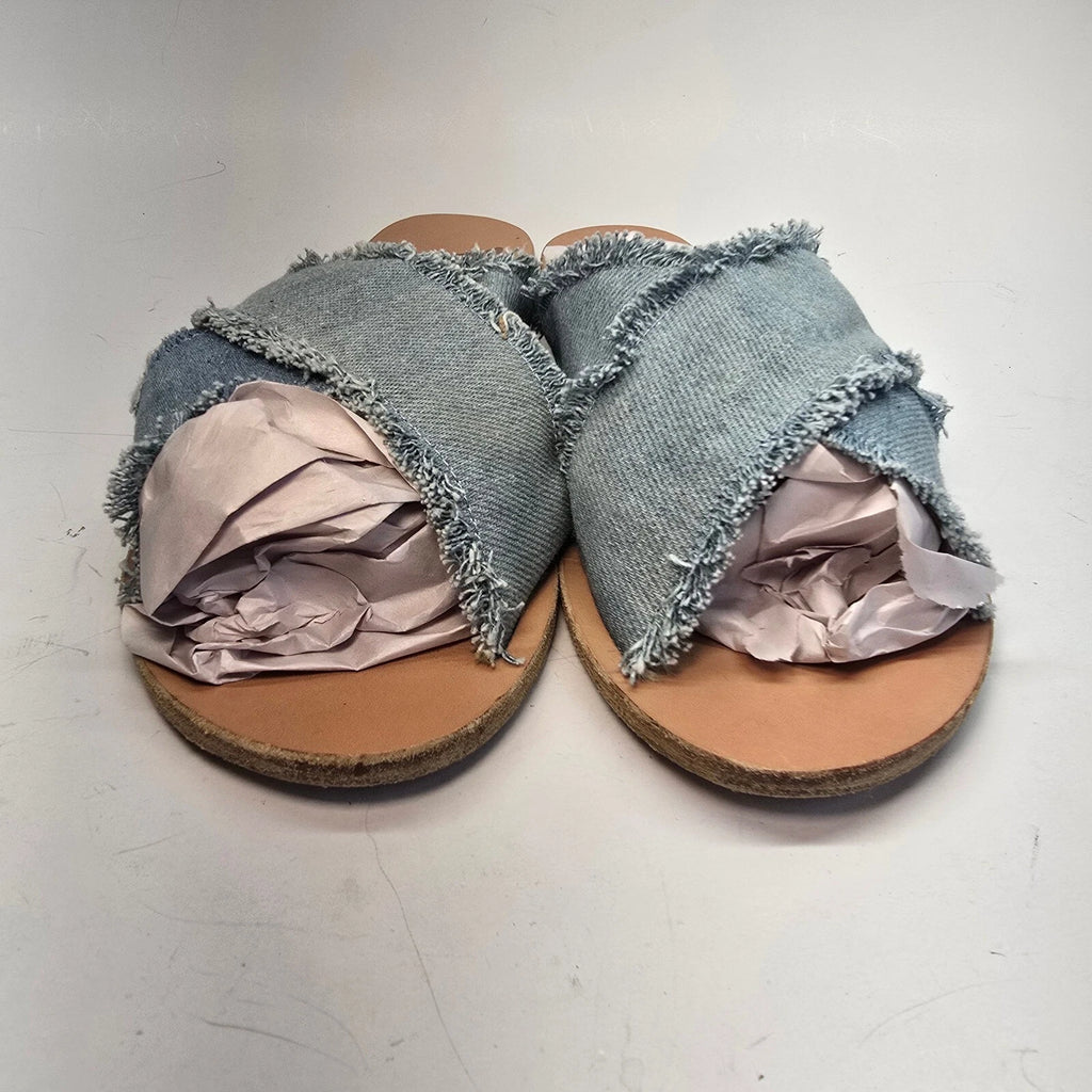 Ancient Greek Sandals Women's Size 8  Denim Frayed Slide Slip Ons Handmade Flats
