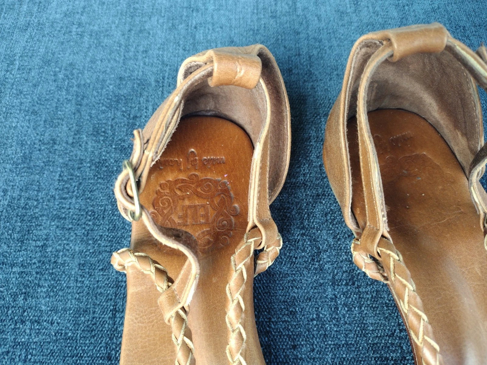 ELF Braided Leather Slides Sandals 8 Brown Leather Handmade Flat Straps