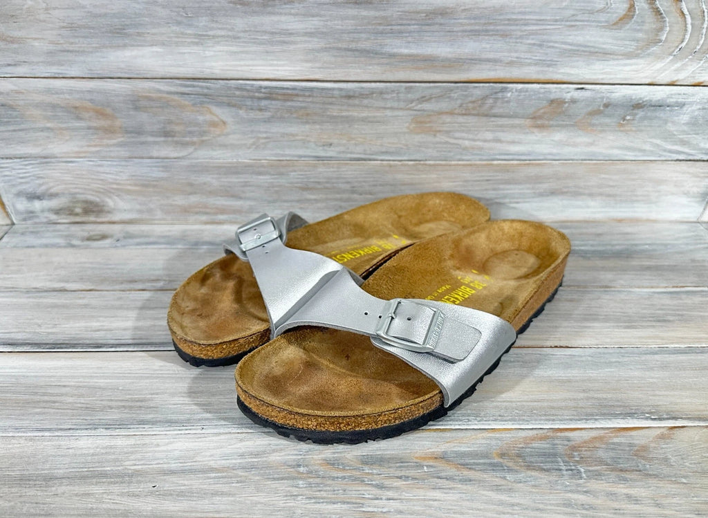 Birkenstock Madrid Birko-Flor Silver Womens Leather Slide Sandals