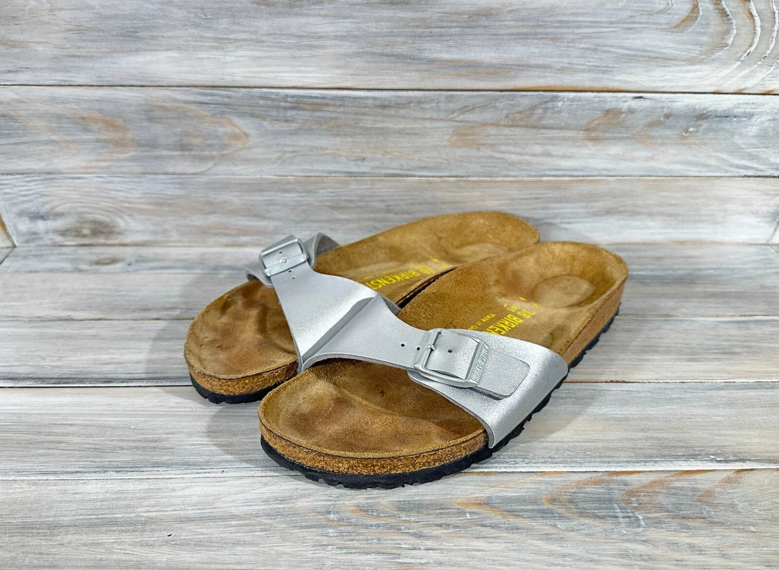 Birkenstock Madrid Birko-Flor Silver Womens Leather Slide Sandals