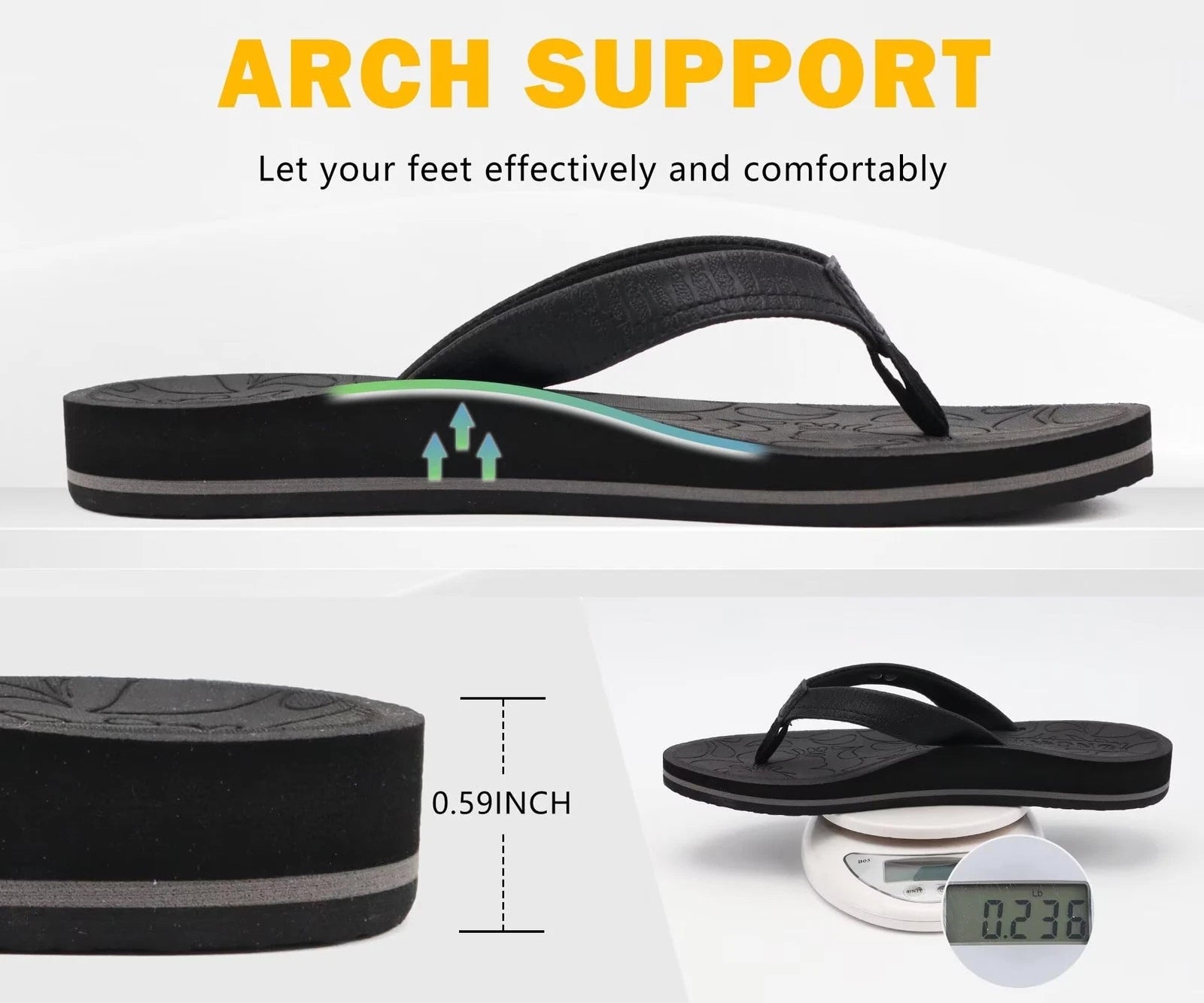 Women's Comfortable Thong Sandals with Arch Support - Size 8.5 Black