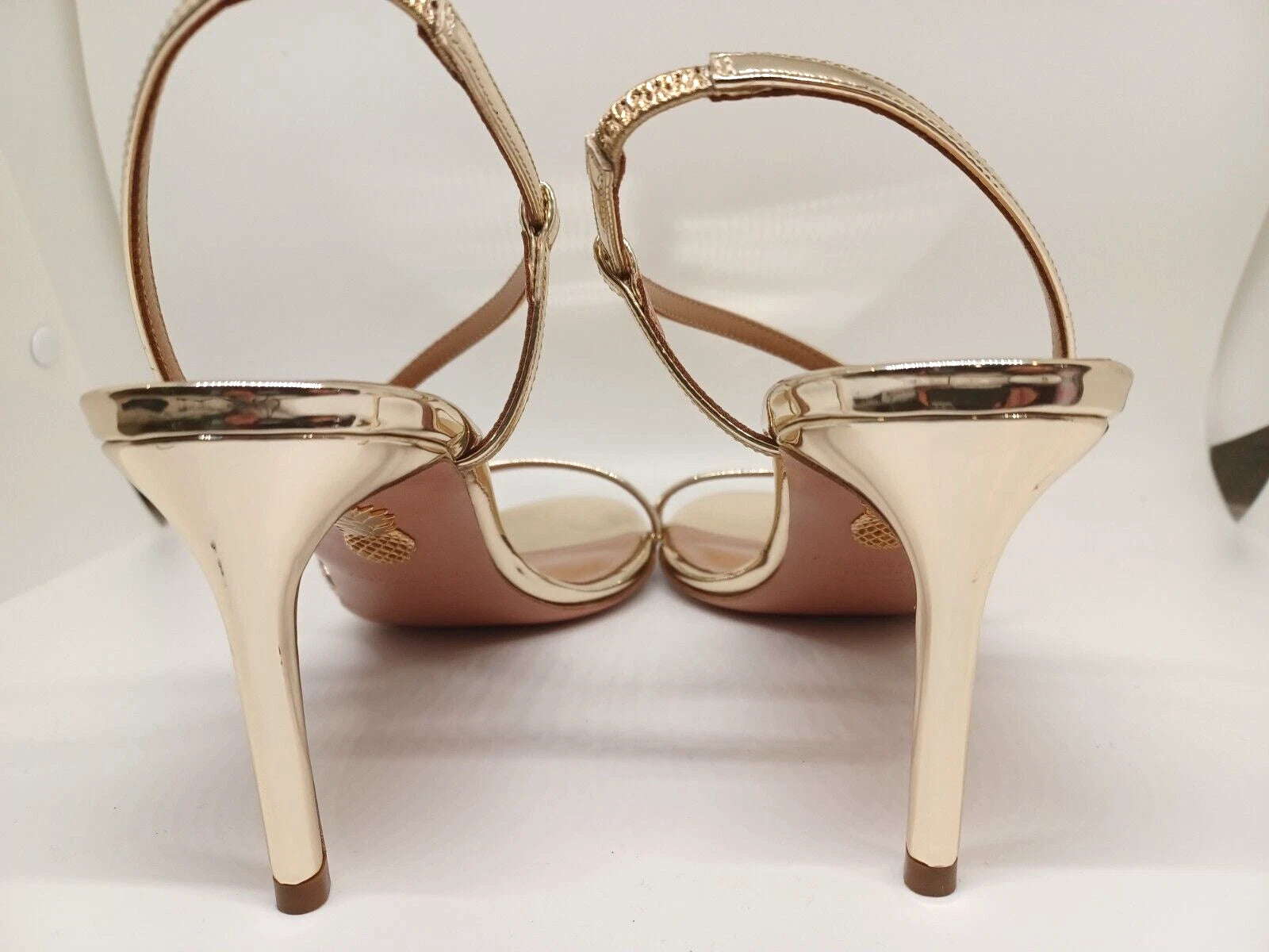 New AQUAZZURA $750 Shiny Gold Metallic Strappy Stiletto Sling Sandal Italy EU 37