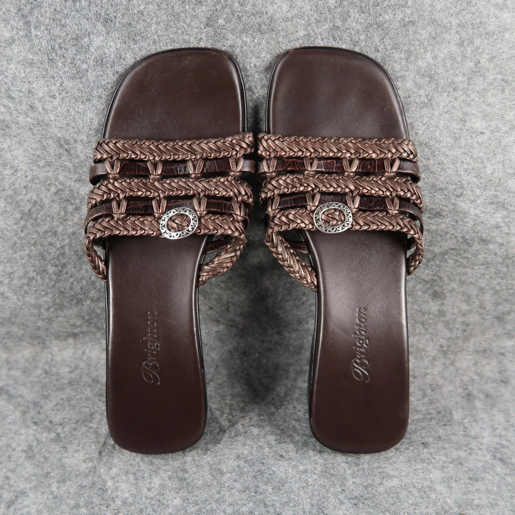 Brighton Shoes Womens 6.5 Sandals Leather Woven Slide Fashion Block Heel Brown
