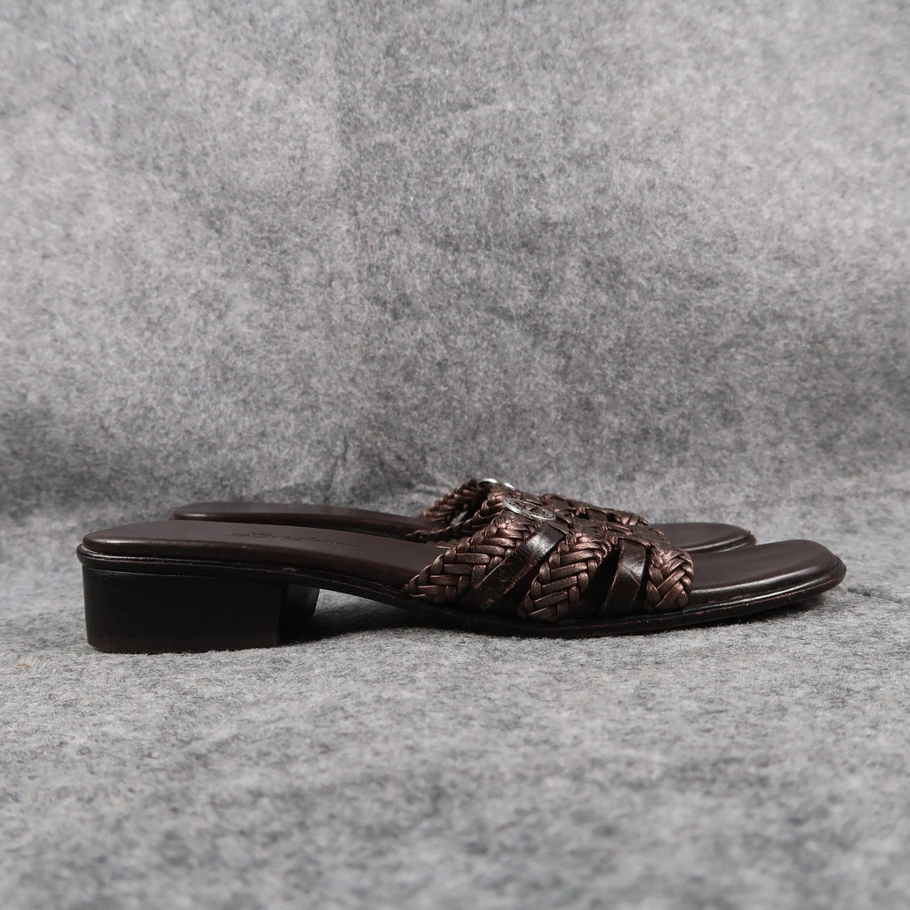 Brighton Shoes Womens 6.5 Sandals Leather Woven Slide Fashion Block Heel Brown