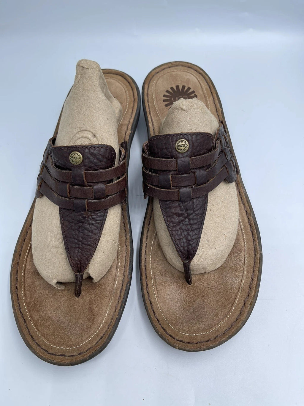 UGG Sandals Women’s Size 10 Woven Brown Leather Slide Style
