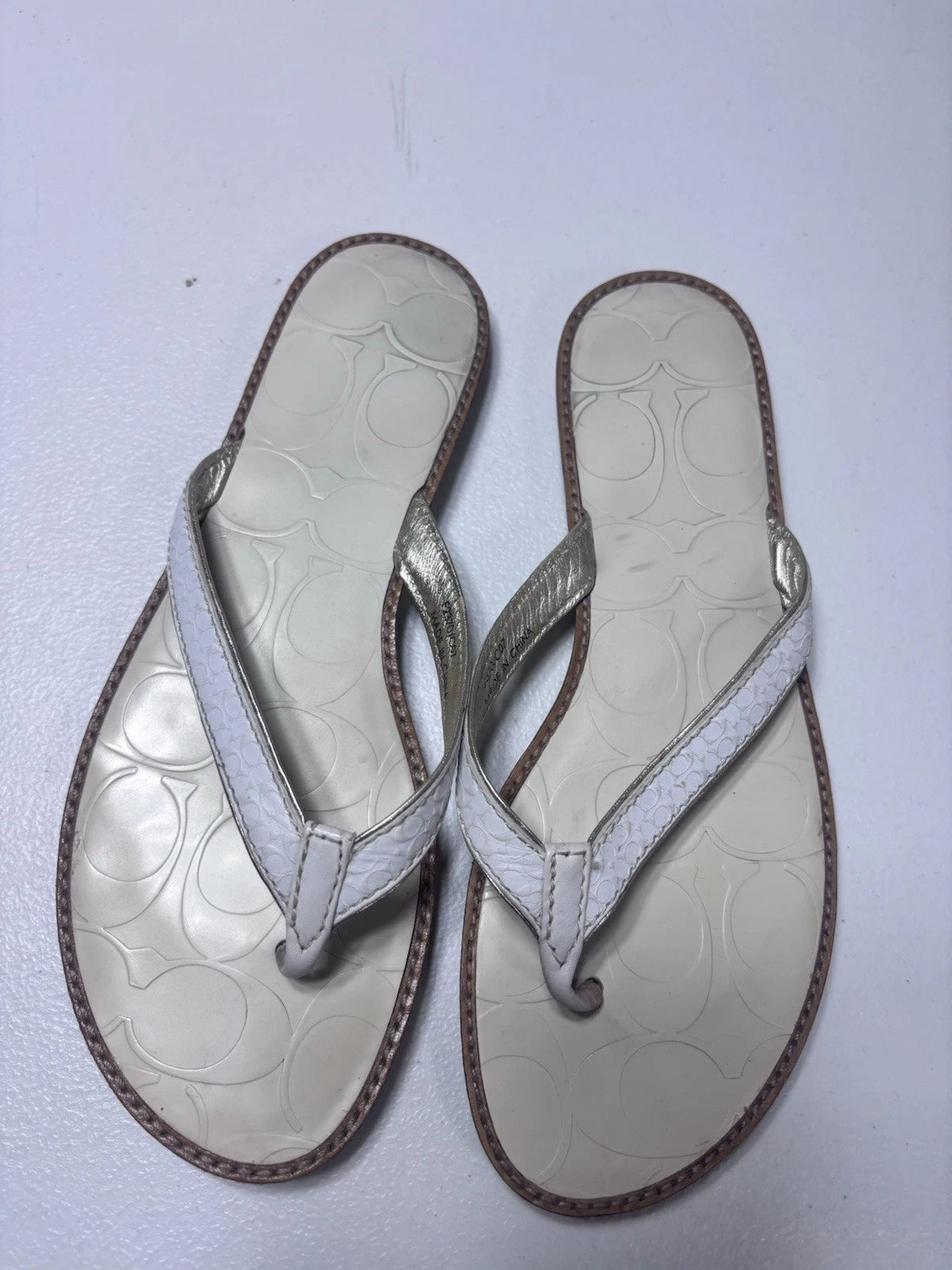 Coach Women's Thong Sandal Size 6 Metallic Sliver Leather Slip On Slide Flat