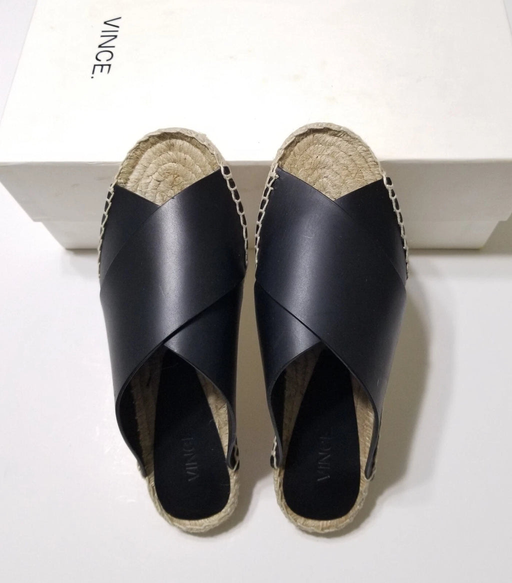 NIB Vince Castel Leather Crisscross Flat Espadrille Slide Sandal Black Sz 5 $225