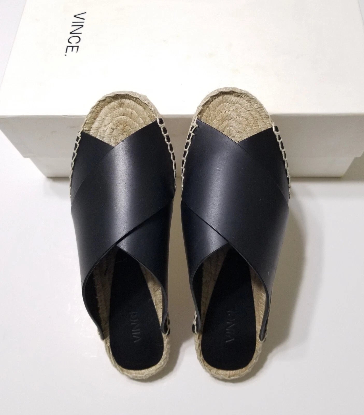 NIB Vince Castel Leather Crisscross Flat Espadrille Slide Sandal Black Sz 5 $225