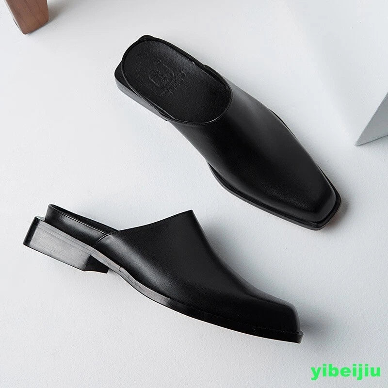 Men's Dress Formal Real Leather Slippers Fashion Casual Mules Slides Shoes 2025