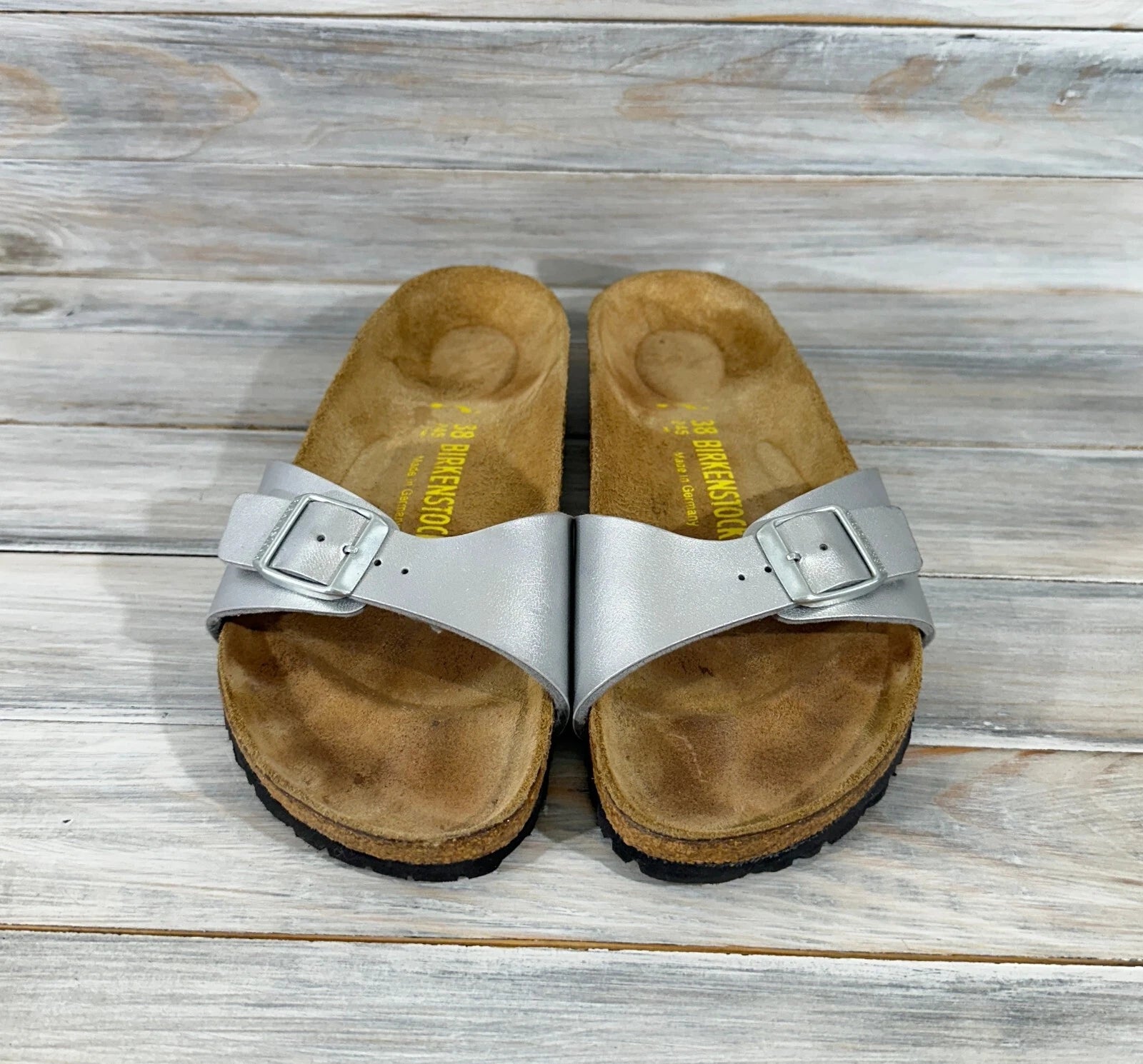 Birkenstock Madrid Birko-Flor Silver Womens Leather Slide Sandals